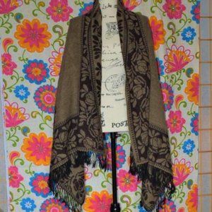 Dennis Basso Long Brown Floral Print Scarf Wrap Cover Sash Poncho Runner 74x33"